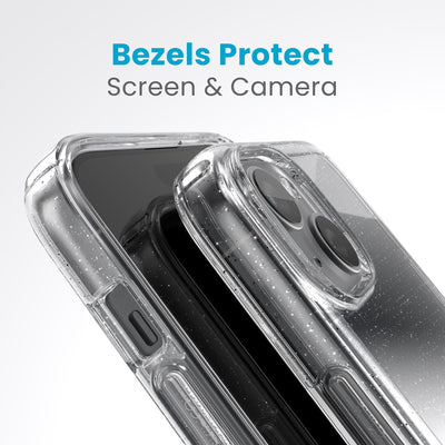 A case with phone inside with camera facing up is lying on top of a case with phone inside with screen facing up. Both are at a sharp angle clearly showing case's raised bezels around screen and camera. Text reads bezels protect screen and camera.#color_clear-platinum-glitter