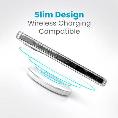 Side view of a case with a phone inside hovering over a wireless charger with concentric circles eminating from charger to signify power transfer. Text in image reads slim design - wireless charging compatible.#color_clear-platinum-glitter