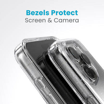 A case with phone inside with camera facing up is lying on top of a case with phone inside with screen facing up. Both are at a sharp angle clearly showing case's raised bezels around screen and camera. Text reads bezels protect screen and camera.#color_clear-platinum-glitter