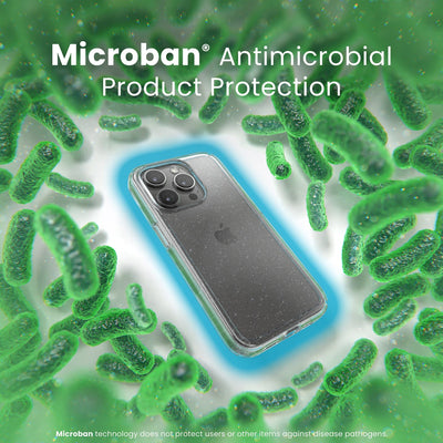 A case with phone inside is surrounded by bacteria. A blue halo around the phone keeps the bacteria away. Text reads Microban antimicrobial product protection. Microban technology does not protect users or other items against disease pathogens.#color_clear-platinum-glitter