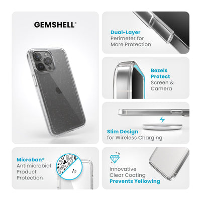 Summary of all product features such as wireless charging compatibility, dual-layer protection, Microban antimicrobial product protection, raised bezels to protect screen and camera, and anti-yellowing clear coating.#color_clear-platinum-glitter
