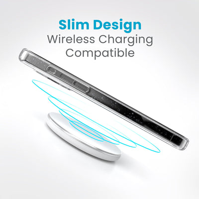 Side view of a case with a phone inside hovering over a wireless charger with concentric circles eminating from charger to signify power transfer. Text in image reads slim design - wireless charging compatible.#color_clear-platinum-glitter