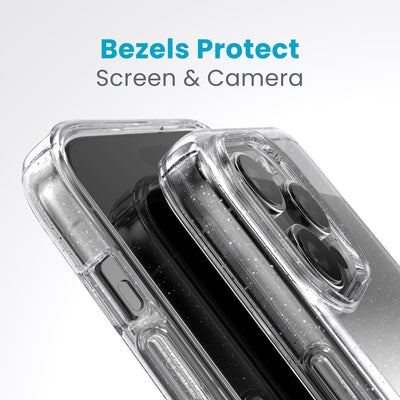 A case with phone inside with camera facing up is lying on top of a case with phone inside with screen facing up. Both are at a sharp angle clearly showing case's raised bezels around screen and camera. Text reads bezels protect screen and camera.#color_clear-platinum-glitter