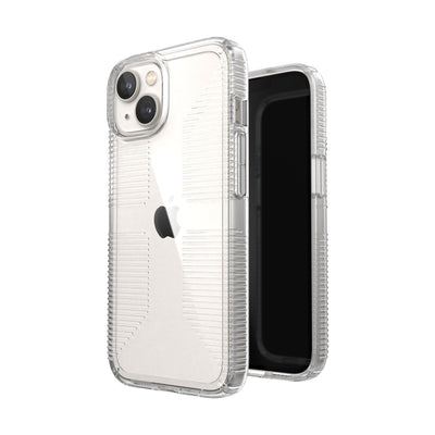 Three-quarter view of back of phone case simultaneously shown with three-quarter front view of phone case#color_clear