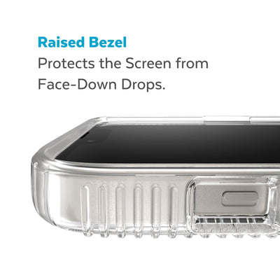 View of top of phone case laying on its back - Raised bezel protects the screen from face-down drops.#color_clear