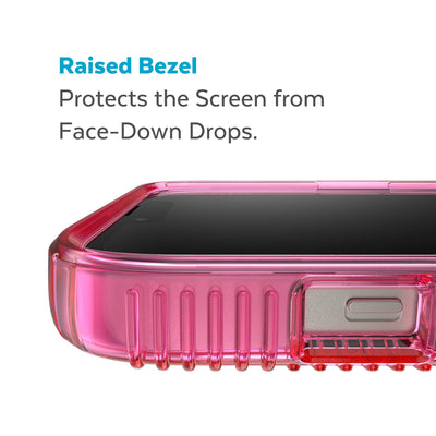 View of top of phone case laying on its back - Raised bezel protects the screen from face-down drops.#color_dream-pink-tint