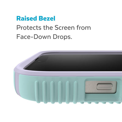 View of top of phone case laying on its back - Raised bezel protects the screen from face-down drops.#color_pale-cyan-lilac