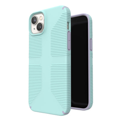 Three-quarter view of back of phone case simultaneously shown with three-quarter front view of phone case#color_pale-cyan-lilac