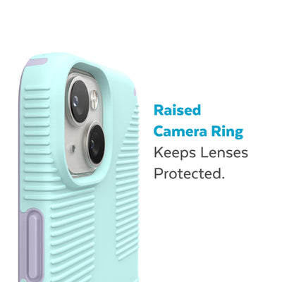 Slightly tilted view of side of phone case showing phone cameras - Raised camera ring keeps lenses protected.#color_pale-cyan-lilac