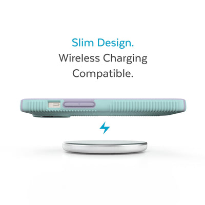 Side view of phone case hovering above a wireless charger - Slim design. Wireless charging compatible.#color_pale-cyan-lilac