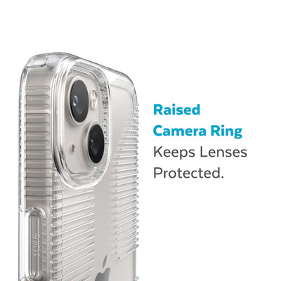 Slightly tilted view of side of phone case showing phone cameras - Raised camera ring keeps lenses protected.#color_clear