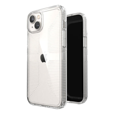 Three-quarter view of back of phone case simultaneously shown with three-quarter front view of phone case#color_clear