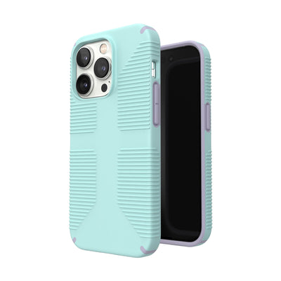 Three-quarter view of back of phone case simultaneously shown with three-quarter front view of phone case#color_pale-cyan-lilac