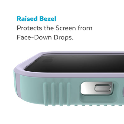 View of top of phone case laying on its back - Raised bezel protects the screen from face-down drops.#color_pale-cyan-lilac