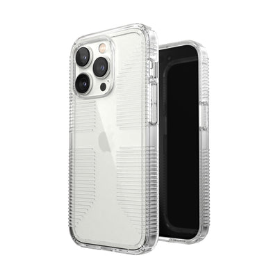 Three-quarter view of back of phone case simultaneously shown with three-quarter front view of phone case#color_clear