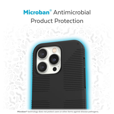 Back view of phone case with halo protecting it from bacteria - Microban antimicrobial product protection.#color_black