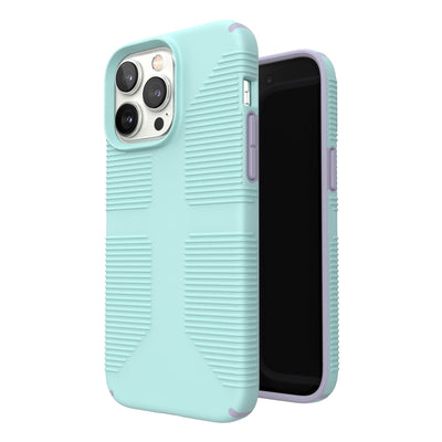 Three-quarter view of back of phone case simultaneously shown with three-quarter front view of phone case#color_pale-cyan-lilac