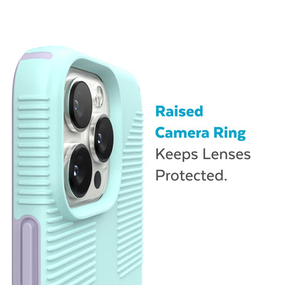 Slightly tilted view of side of phone case showing phone cameras - Raised camera ring keeps lenses protected.#color_pale-cyan-lilac