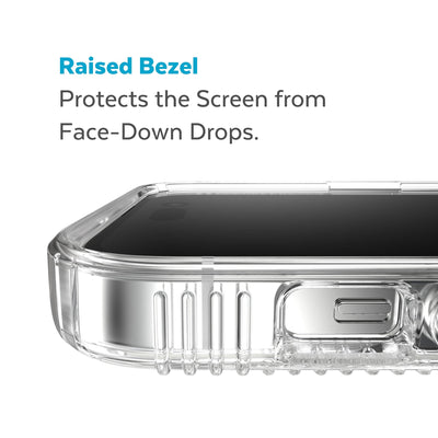 View of top of phone case laying on its back - Raised bezel protects the screen from face-down drops.#color_clear