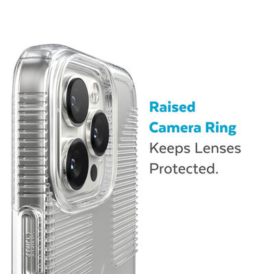 Slightly tilted view of side of phone case showing phone cameras - Raised camera ring keeps lenses protected.#color_clear