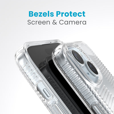 A case with phone inside with camera facing up is lying on top of a case with phone inside with screen facing up. Both are at a sharp angle clearly showing case's raised bezels around screen and camera. Text reads bezels protect screen and camera.#color_clear