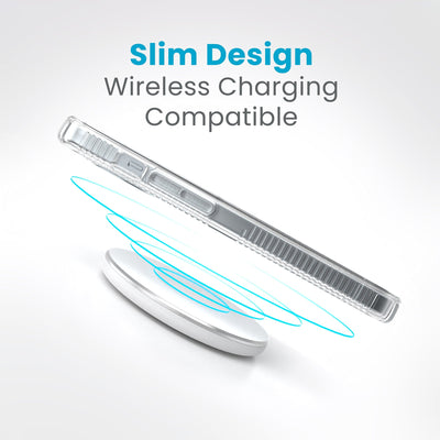 Side view of a case with a phone inside hovering over a wireless charger with concentric circles eminating from charger to signify power transfer. Text in image reads slim design - wireless charging compatible.#color_clear