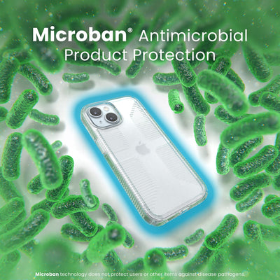 A case with phone inside is surrounded by bacteria. A blue halo around the phone keeps the bacteria away. Text reads Microban antimicrobial product protection. Microban technology does not protect users or other items against disease pathogens.#color_clear