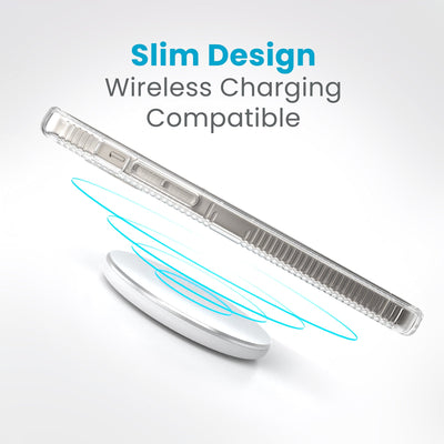 Side view of a case with a phone inside hovering over a wireless charger with concentric circles eminating from charger to signify power transfer. Text in image reads slim design - wireless charging compatible.#color_clear