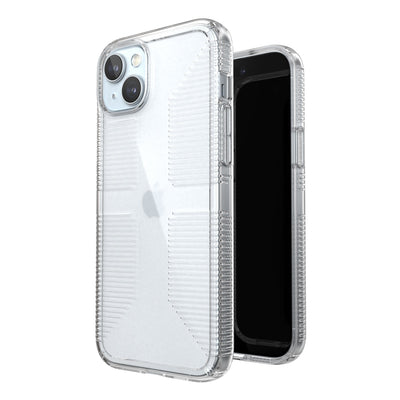 Three-quarter view of back of phone case simultaneously shown with three-quarter front view of phone case.#color_clear