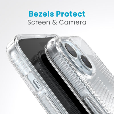 A case with phone inside with camera facing up is lying on top of a case with phone inside with screen facing up. Both are at a sharp angle clearly showing case's raised bezels around screen and camera. Text reads bezels protect screen and camera.#color_clear