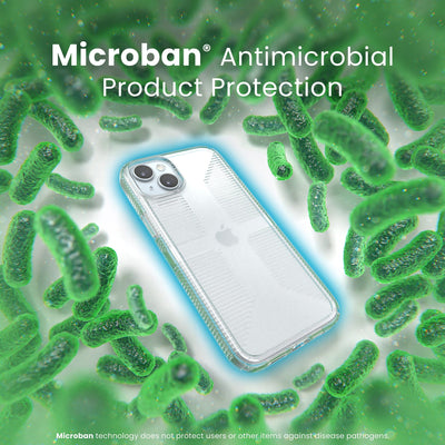 A case with phone inside is surrounded by bacteria. A blue halo around the phone keeps the bacteria away. Text reads Microban antimicrobial product protection. Microban technology does not protect users or other items against disease pathogens.#color_clear