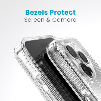 A case with phone inside with camera facing up is lying on top of a case with phone inside with screen facing up. Both are at a sharp angle clearly showing case's raised bezels around screen and camera. Text reads bezels protect screen and camera.#color_clear