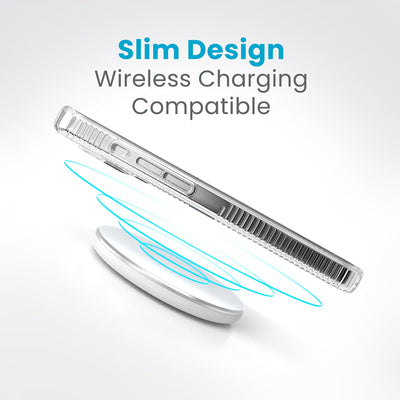 Side view of a case with a phone inside hovering over a wireless charger with concentric circles eminating from charger to signify power transfer. Text in image reads slim design - wireless charging compatible.#color_clear