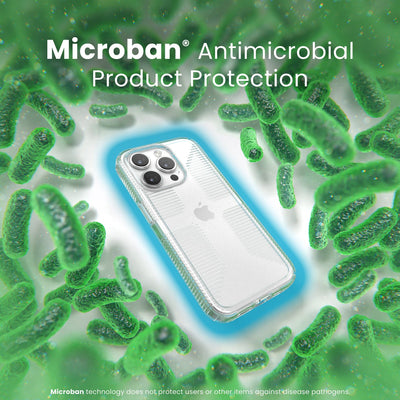 A case with phone inside is surrounded by bacteria. A blue halo around the phone keeps the bacteria away. Text reads Microban antimicrobial product protection. Microban technology does not protect users or other items against disease pathogens.#color_clear