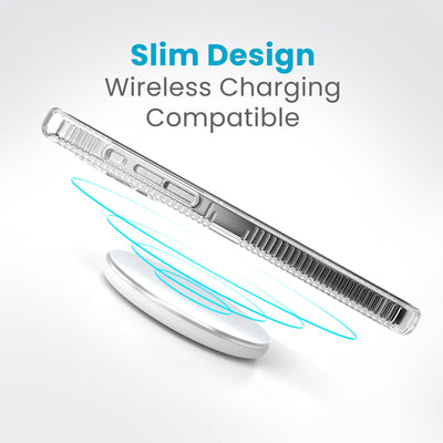Side view of a case with a phone inside hovering over a wireless charger with concentric circles eminating from charger to signify power transfer. Text in image reads slim design - wireless charging compatible.#color_clear