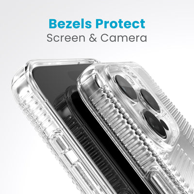 A case with phone inside with camera facing up is lying on top of a case with phone inside with screen facing up. Both are at a sharp angle clearly showing case's raised bezels around screen and camera. Text reads bezels protect screen and camera.#color_clear