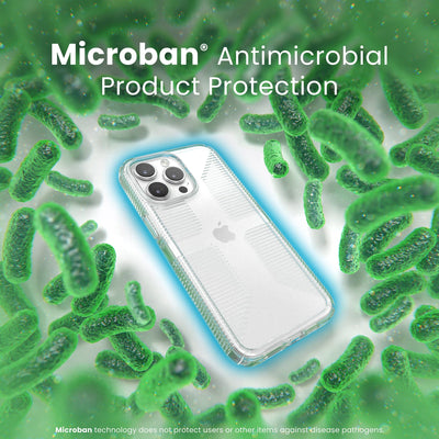 A case with phone inside is surrounded by bacteria. A blue halo around the phone keeps the bacteria away. Text reads Microban antimicrobial product protection. Microban technology does not protect users or other items against disease pathogens.#color_clear