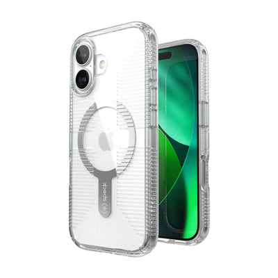 Three-quarter view of back of phone case with phone inside shown over top of front view of phone case with phone inside#color_clear