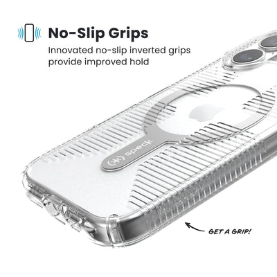 Close-up of grips on the back and side of a phone case. Text reads No-Slip Grips: Innovated no-slip inverted grips provide improved hold; Get a grip!#color_clear