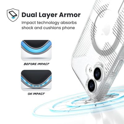 A corner of the case impacts the ground - a diagram shows interior cushion of phone before impact and on impact. Text reads Dual Layer Armor: Impact technology absorbs shock and cushions phone; 13-foot drop tested#color_clear