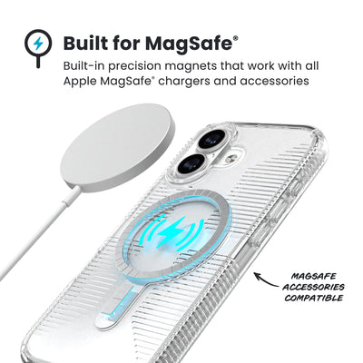 A MagSafe charger hovers over the back of the phone case. Text reads Built for MagSafe: Built-in precision magnets that work with all Apple MagSafe chargers and accessories; MagSafe accessories compatible#color_clear