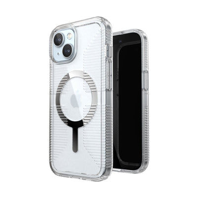 Three-quarter view of back of phone case simultaneously shown with three-quarter front view of phone case.#color_clear-chrome