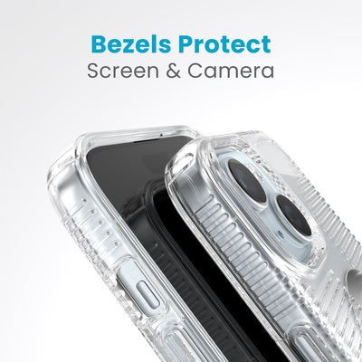 A case with phone inside with camera facing up is lying on top of a case with phone inside with screen facing up. Both are at a sharp angle clearly showing case's raised bezels around screen and camera. Text reads bezels protect screen and camera.#color_clear-chrome