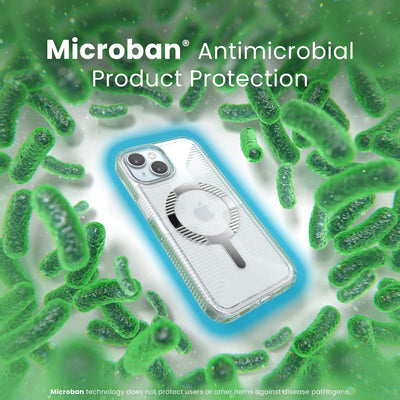 A case with phone inside is surrounded by bacteria. A blue halo around the phone keeps the bacteria away. Text reads Microban antimicrobial product protection. Microban technology does not protect users or other items against disease pathogens.#color_clear-chrome