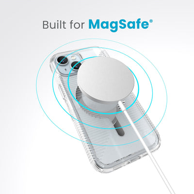 A case with phone inside with camera facing up and MagSafe wireless charger hovering above with concentric circles eminating from charger to signify power transfer. Text in image reads built for MagSafe.#color_clear-chrome