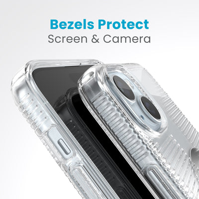 A case with phone inside with camera facing up is lying on top of a case with phone inside with screen facing up. Both are at a sharp angle clearly showing case's raised bezels around screen and camera. Text reads bezels protect screen and camera.#color_clear-chrome