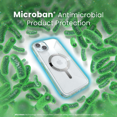 A case with phone inside is surrounded by bacteria. A blue halo around the phone keeps the bacteria away. Text reads Microban antimicrobial product protection. Microban technology does not protect users or other items against disease pathogens.#color_clear-chrome