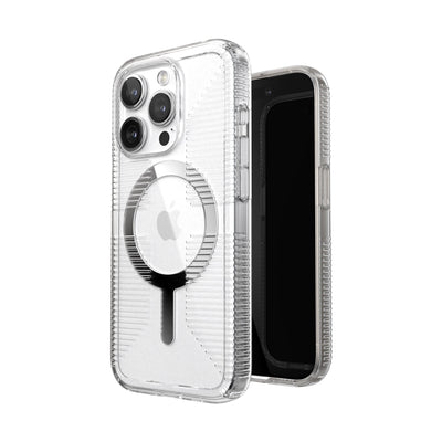 Three-quarter view of back of phone case simultaneously shown with three-quarter front view of phone case.#color_clear-chrome