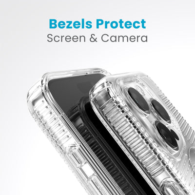 A case with phone inside with camera facing up is lying on top of a case with phone inside with screen facing up. Both are at a sharp angle clearly showing case's raised bezels around screen and camera. Text reads bezels protect screen and camera.#color_clear-chrome