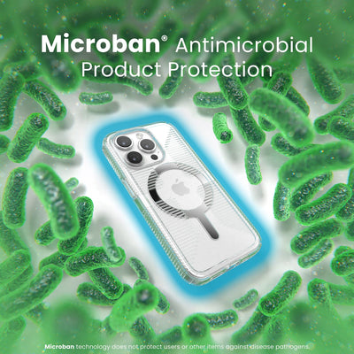 A case with phone inside is surrounded by bacteria. A blue halo around the phone keeps the bacteria away. Text reads Microban antimicrobial product protection. Microban technology does not protect users or other items against disease pathogens.#color_clear-chrome